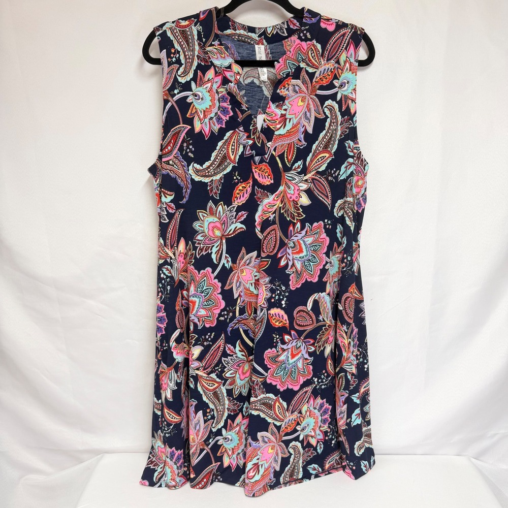 Dear Scarlett Navy Paisley Floral Sleeveless Pockets Shift Tank Dress XL Boho